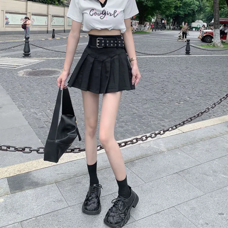 Lucyever koreanische Falten röcke mit hoher Taille Frauen Sommer Khaki schwarz mit Gürtel A-Linie Rock Frau All-Match Streetwear Minirock