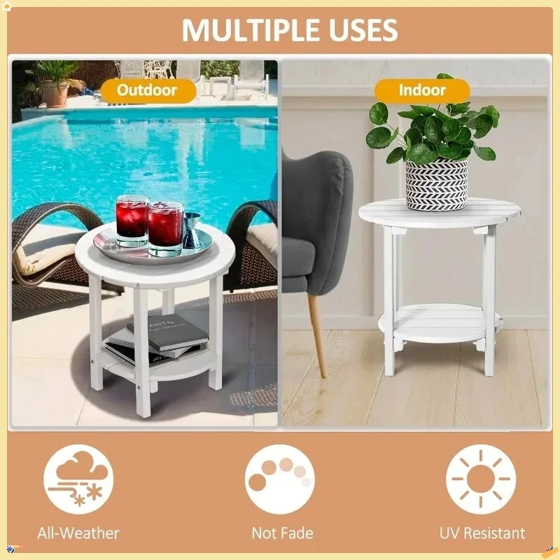 طاولة جانبية مستديرة للاستخدام الخارجي مكونة من طبقتين باللون الأبيض، طاولة نهاية فناء صغيرة مقاس 16.6 بوصة لحديقة الشرفة بجانب حمام السباحة