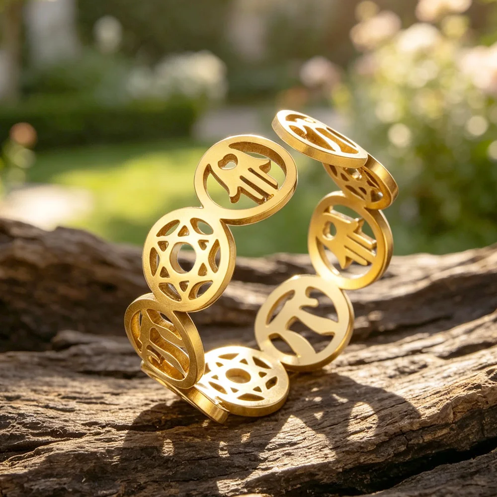 Star of David Hebrew Chai Adjustable Ring Stainless Steel Open Rings Religious Protection Amulet Stainless Steel Jewish Jewelry
