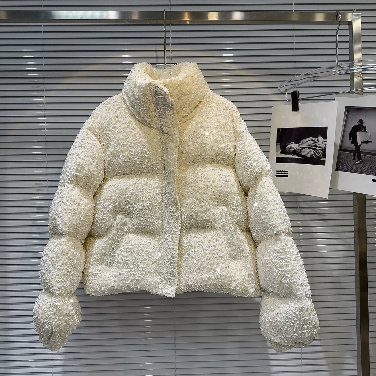 Winter Women Sequined Down Jacket American Casual Fashion High Street Loose Warm Thicken Stand Up Collar Shiny Puff Coat