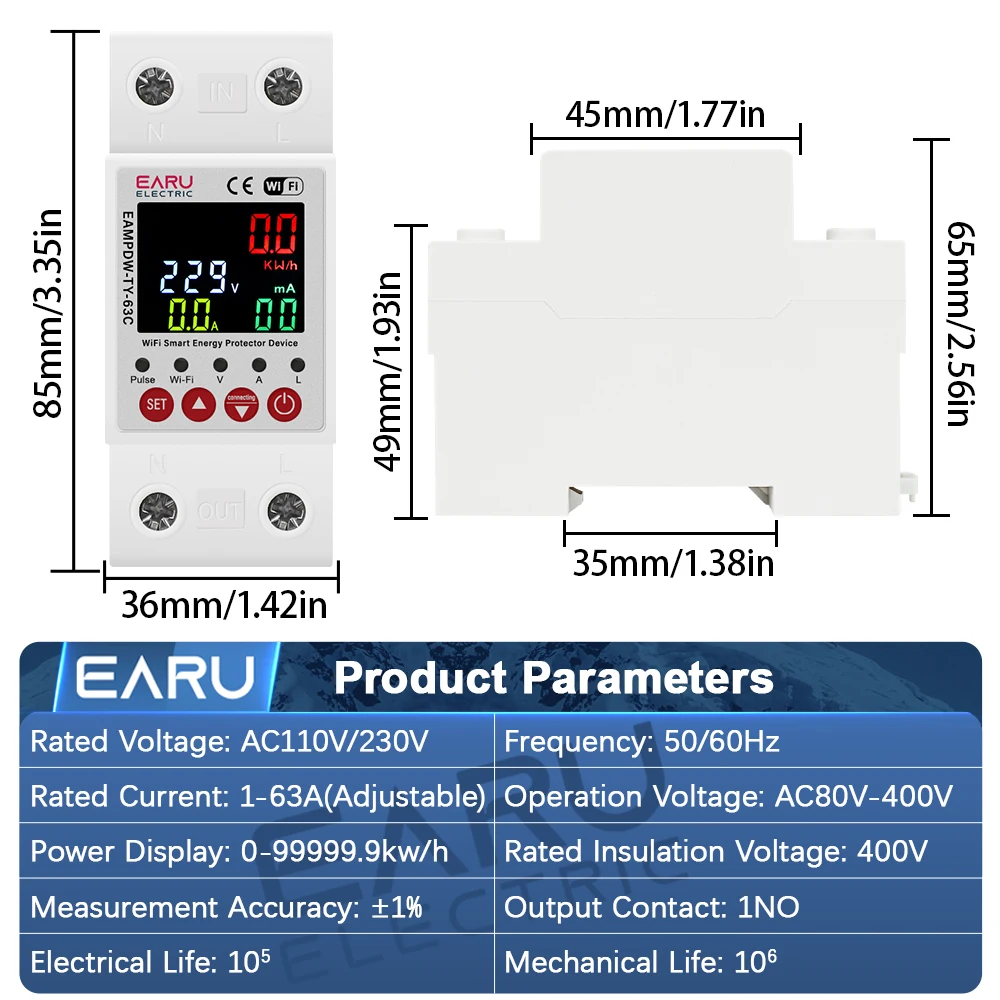 EARU Tuya WiFi Smart Enery Power kWh Meter Monitor Under Over Voltage Current Earth Leakage Protector Time Relay Switch Breaker