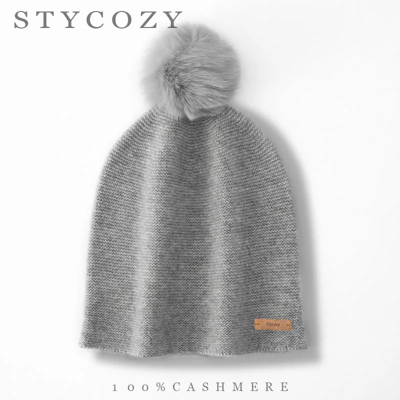 Women 100% Cashmere Fluffy PomPoms Knitted Beanie Leather Tag Soft Thermal Skull Cap Winter Casual Solid Hat for Daily Commute