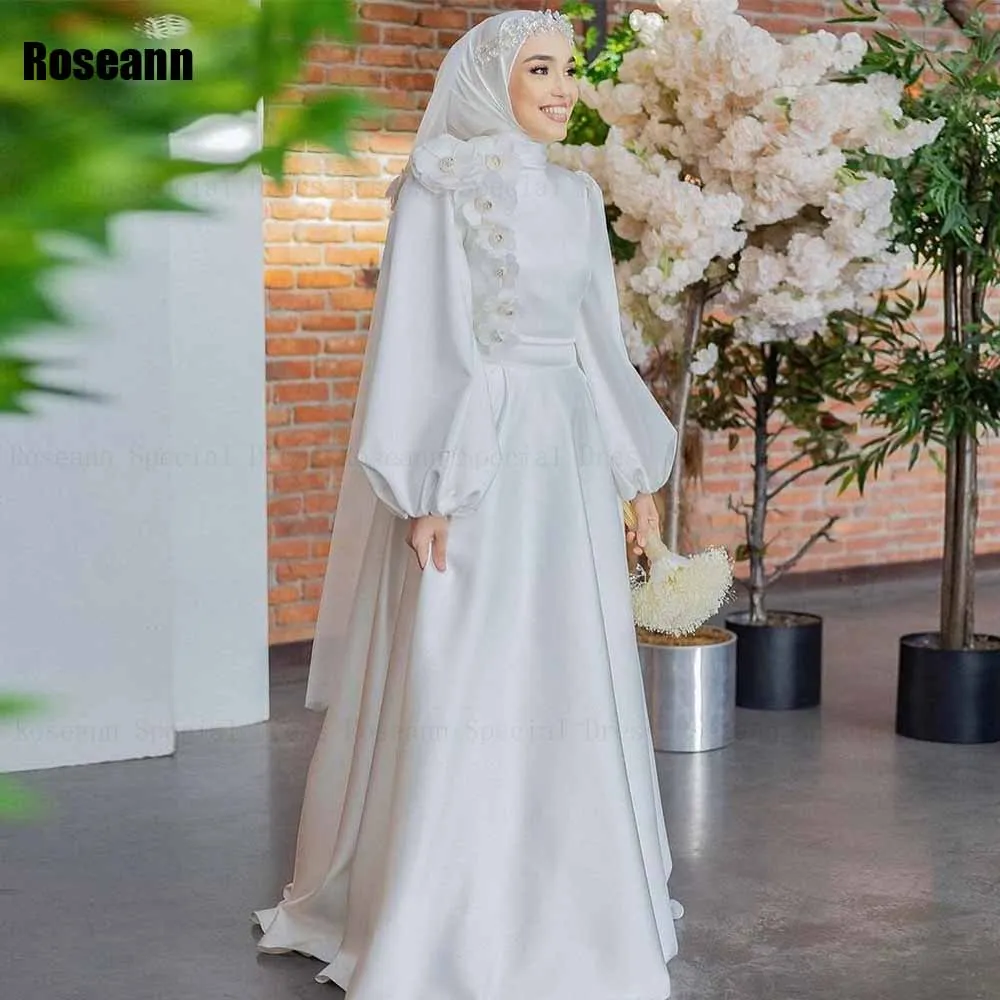 Muslim Fashion 2024 A-line Wedding Dresses Handmade Flower Full Satin Draped Pleat Belt Floor Length Bride Gown robe de mariée