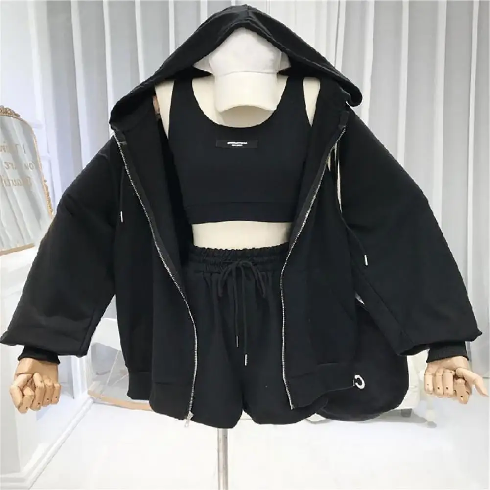 Three Pieces Short Sets Women Hoodie Summer Autumn Drawstring Thin Coat Shorts with Thin Coat Vest Set Sportswear Streetwear