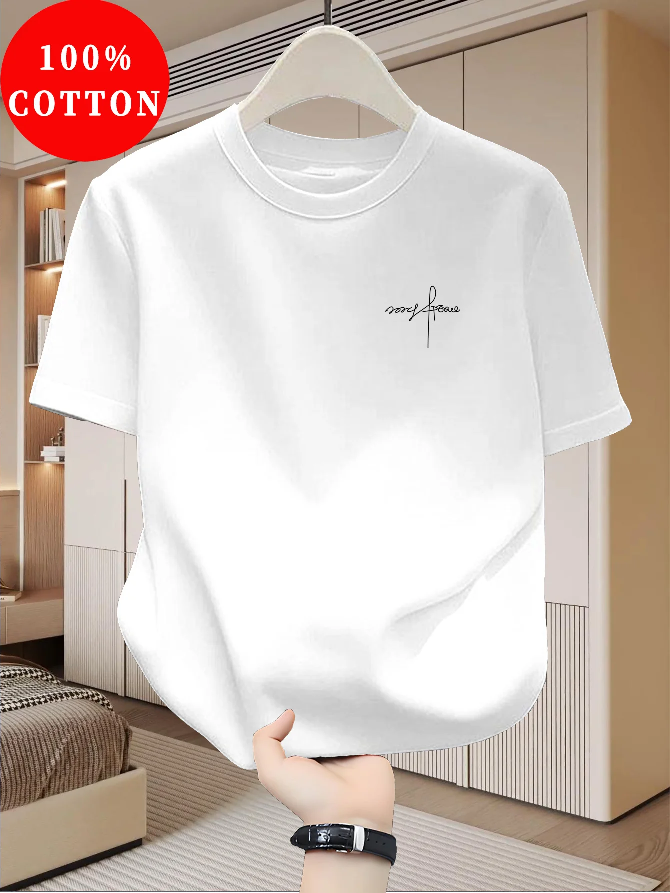 Understated Cursive Signature Small Logo Mens 100% Cotton Oversized Tee Loose Short Sleeve Minimalist Everyday Casual Tshirt