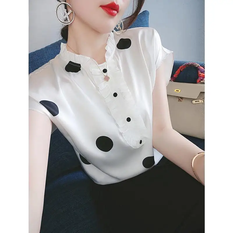 Women's New Summer Pullovers Crew Neck Polka Dot Fashion Versatile Loose Appear Thin Commuter Short Sleeved Chiffon Tops