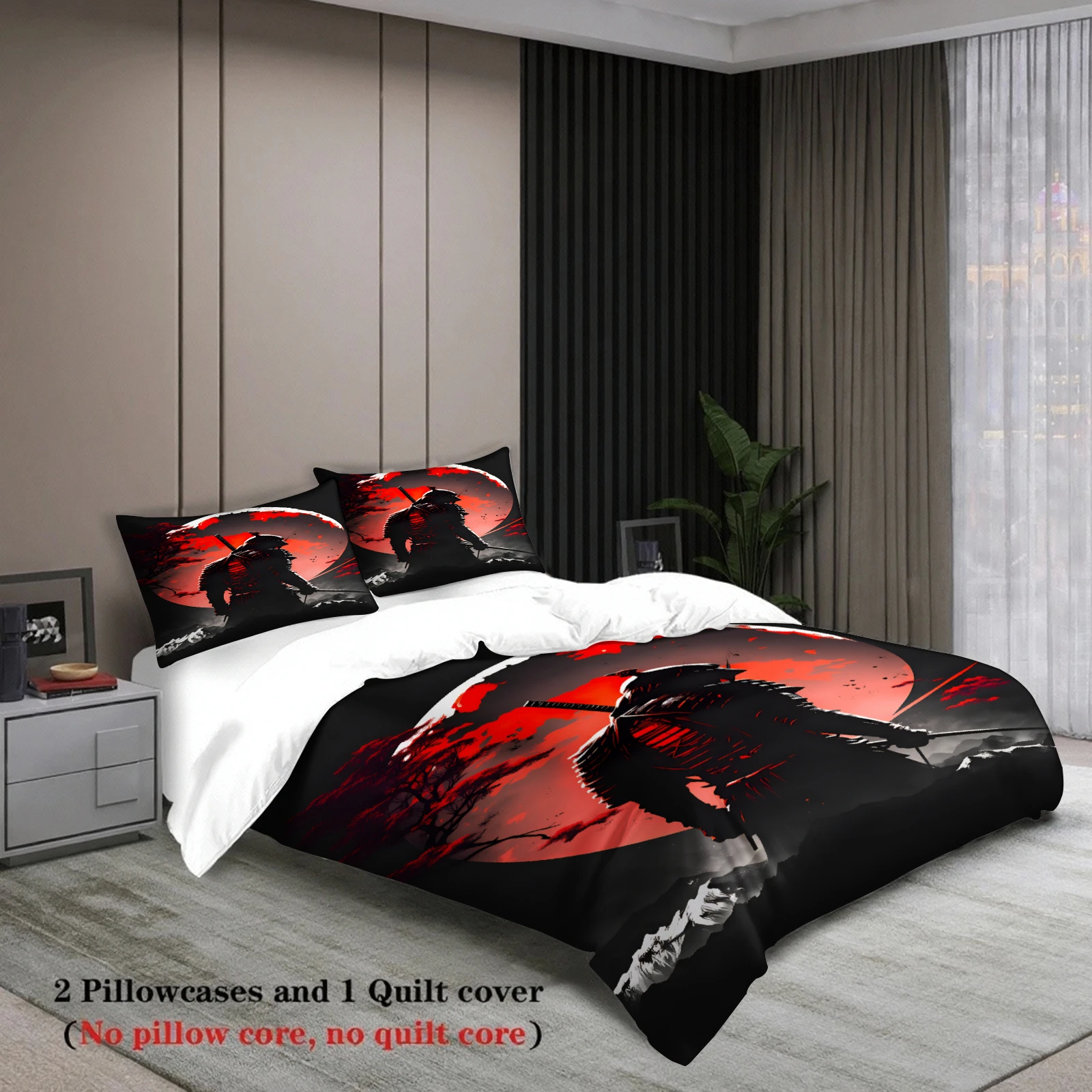 3pcs Samurai Warrior Bedding Sets 3D Printed Red Moon And Shadow Duvet Cover Sets With Pillowcases No Filling