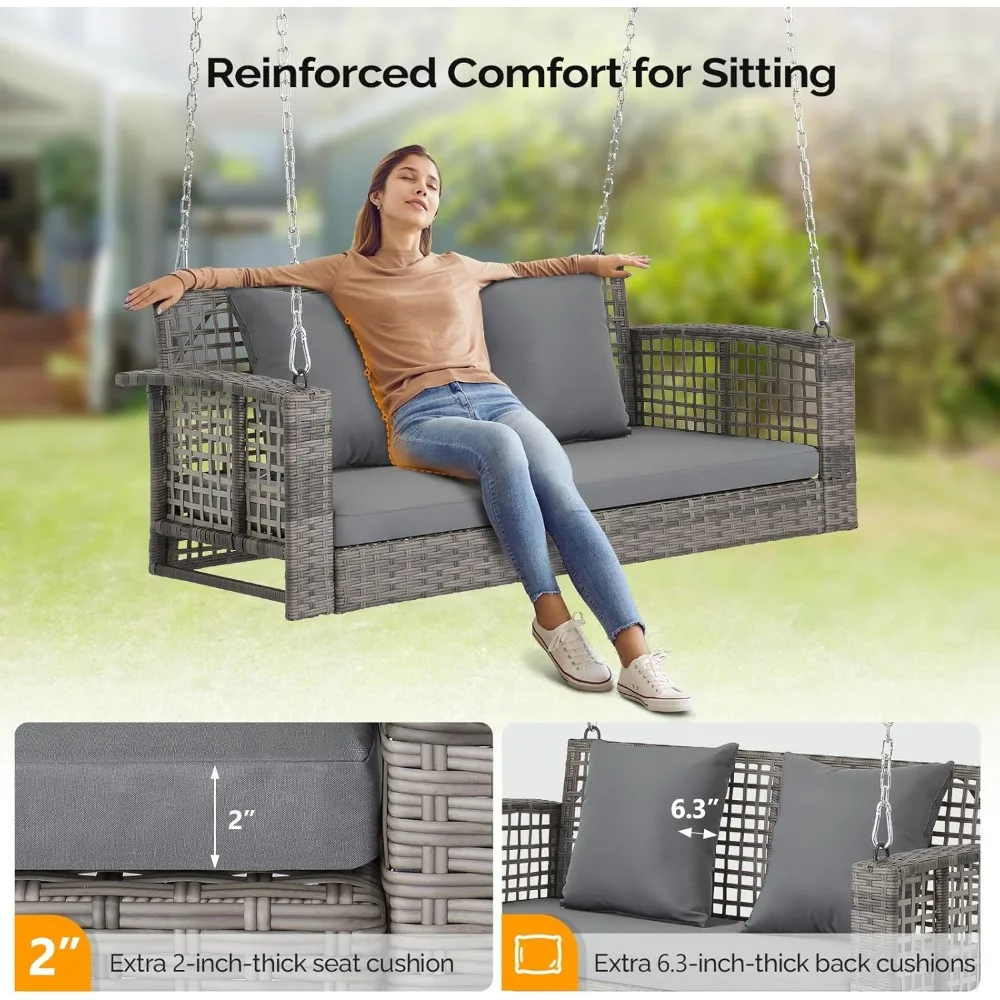 أرجوحة شرفة الروطان الخارجية مع وسائد، سعة 800 رطل، سلاسل قابلة للتعديل، كرسي مقعد أرجوحة من الخيزران للحديقة والسطح