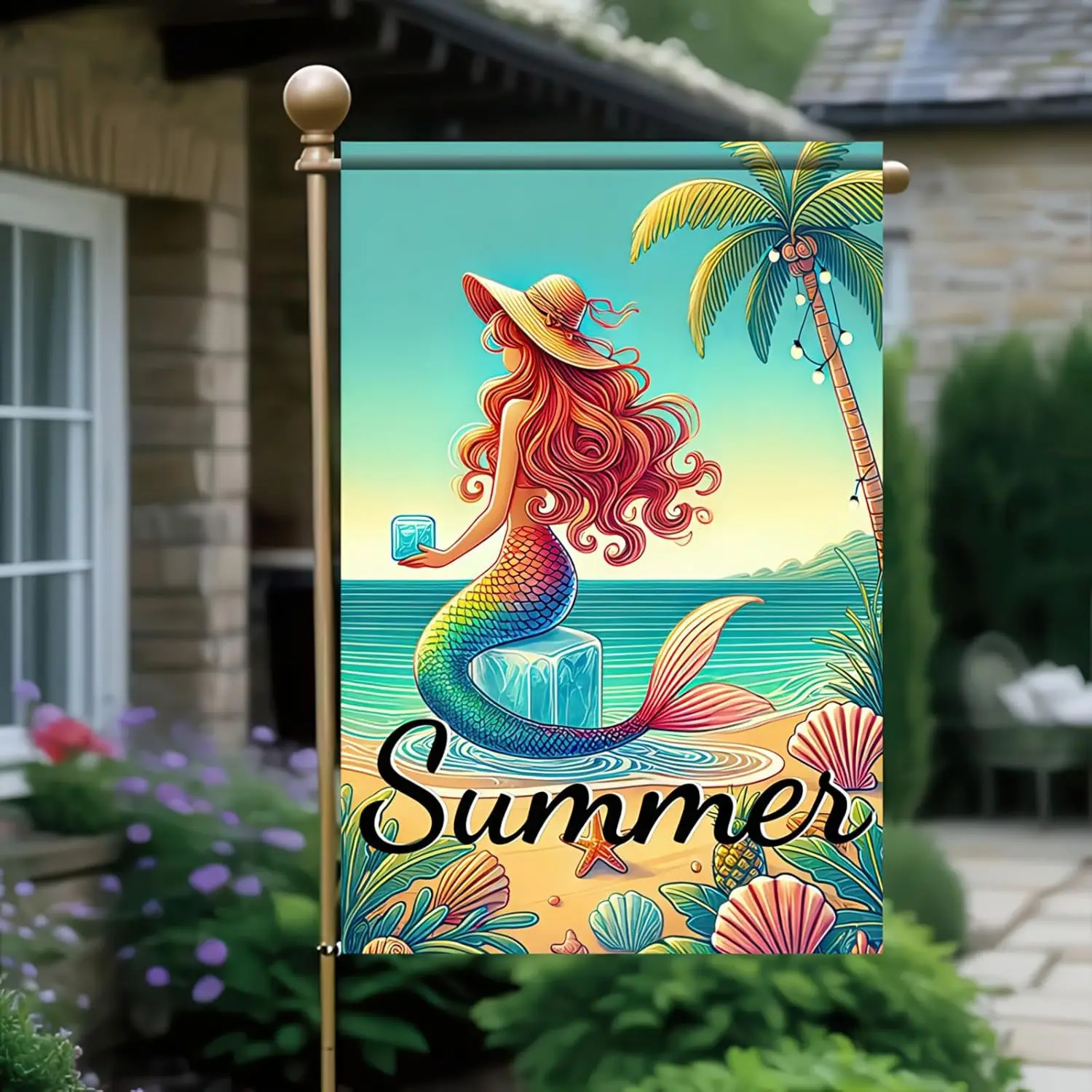 Summer Mermaid Garden Flag 12 x 18 Double Sided Small Decorative Flag Beach Starfish Coral Tropical Seasonal Outdoor Small D hhz