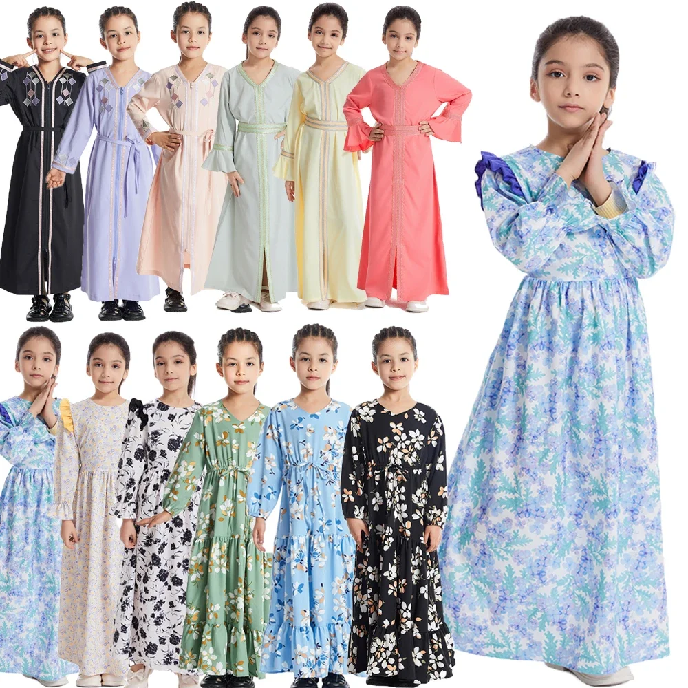 

Children Abaya Muslim Kids Girls Floral Print Long Sleeve Maxi Dresses Turkey Arab Kaftan Islamic Eid Party Gown Dubai Clothing