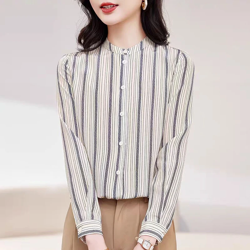 

New 100% Real Silk Women's Striped Shirt Long Sleeve Elegant Shirts Fashion Blouses for Women Loose Tops Office Lady Blouse