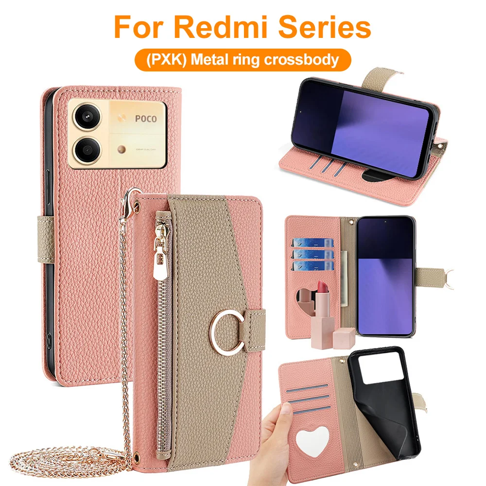 Wallet Phone Case PU Leather For Redmi 15C 14C 13C 12C Redmi Note 15 14 13 12 11 10 Pro 5G 4G Zipper Multi‑Card Slots Flip Cover