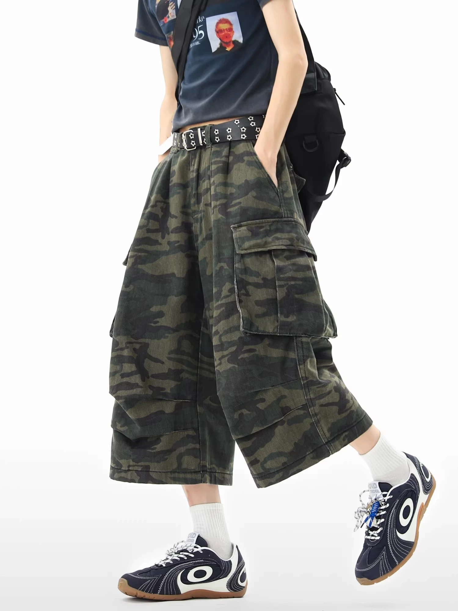 American High Street Retro Camouflage Wide Leg Jeans Women Loose Casual Trousers Seven Points of Jeans Workwear Style