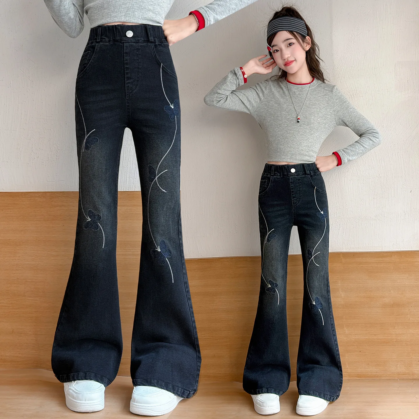 Teenage Girls Bell-bottoms Spring Autumn New Children's High-waisted Jeans Slim Kids Flared Floor-length Pants 4-14 Years Old