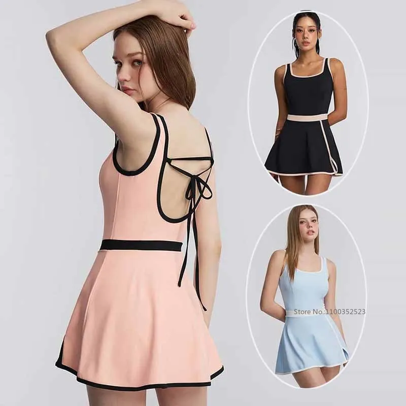 Women Color Blocked Tennis Yoga Dress Sleeveless Fitness Dress with Bra and Short Ladies Backless Lace Up Sportswear Short Skirt