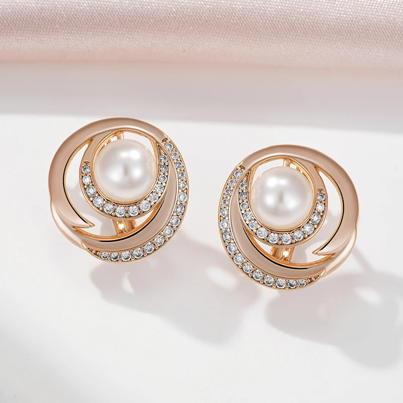 SYOUJYO Pearl Drop Earrings For Women 585 Rose Gold Color Bride Wedding Jewelry Natural Zircon Vintage Earrings