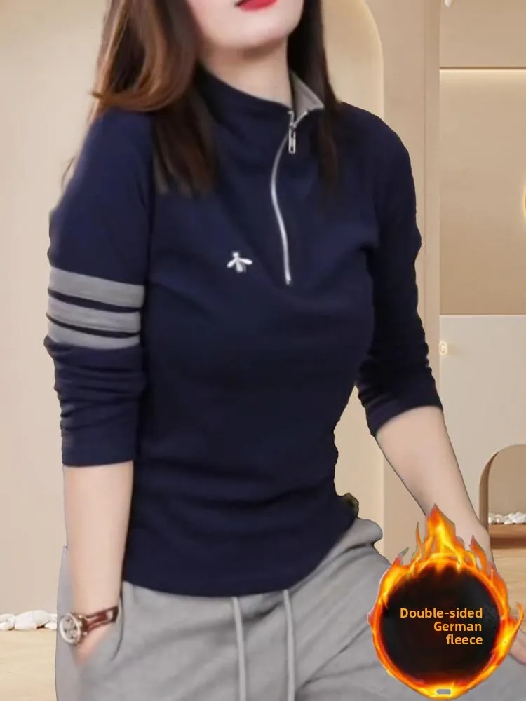 Top invernale da donna versatile in velluto double face color blo f zip lunga base Sve irt Faionable antietà