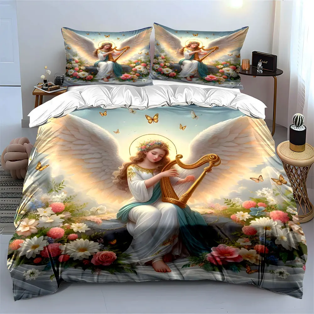 Angel playing harp with flowers Print Soft Comfortable Duvet Cover Bedding Set Included 1*Duvet Cover  2*Pillowcases