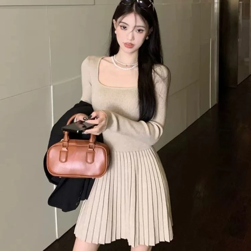 

Облегающее женское трикотажное платье, новые повседневные ретро-предложения, корейское Harajuku, удобные незаменимые плиссированные вязаные крючком платья для женщин