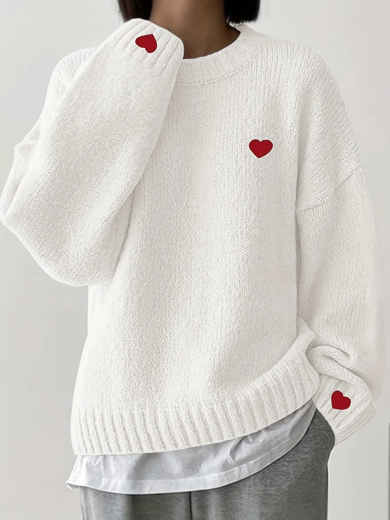 

Valentine Sweater Oversized Warm Cozy Pullover Heart Embroidered Romantic Top Chic Relaxed Everyday Jumper For Women Style