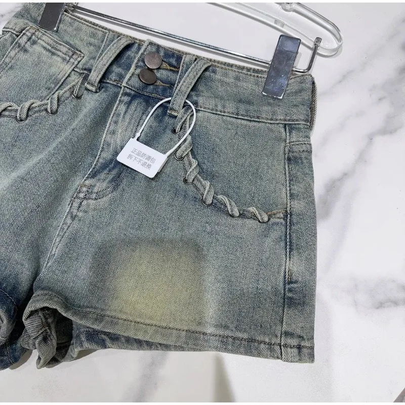 여름 신상 프렌치 스타일 포켓 장식 워싱 디스트레스드 데님 반바지
