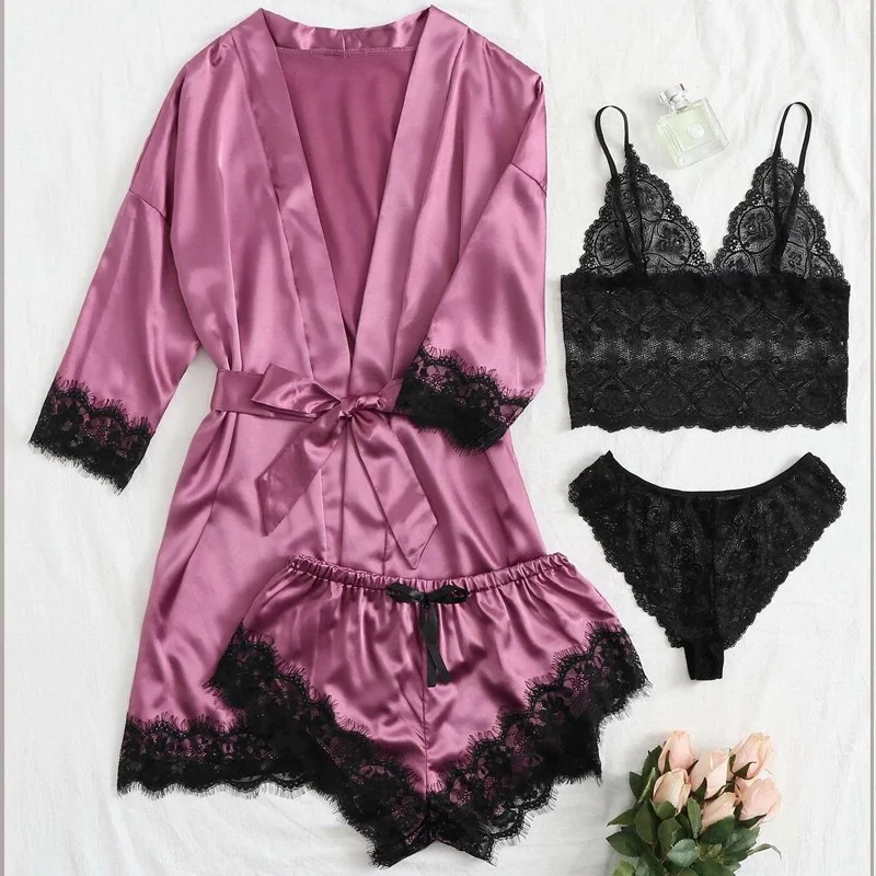 

4 Pieces Women's Pajamas Sets Sexy Lace tube top Panties Shorts Bathrobes Sleepwear suit Female nightwear Faux Silk home clothes