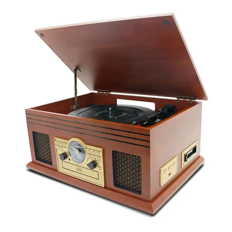 leetac All in one FM CD Bluetooth  Cassette wood turntable vinyl record player phonograph wooden turntable with casset