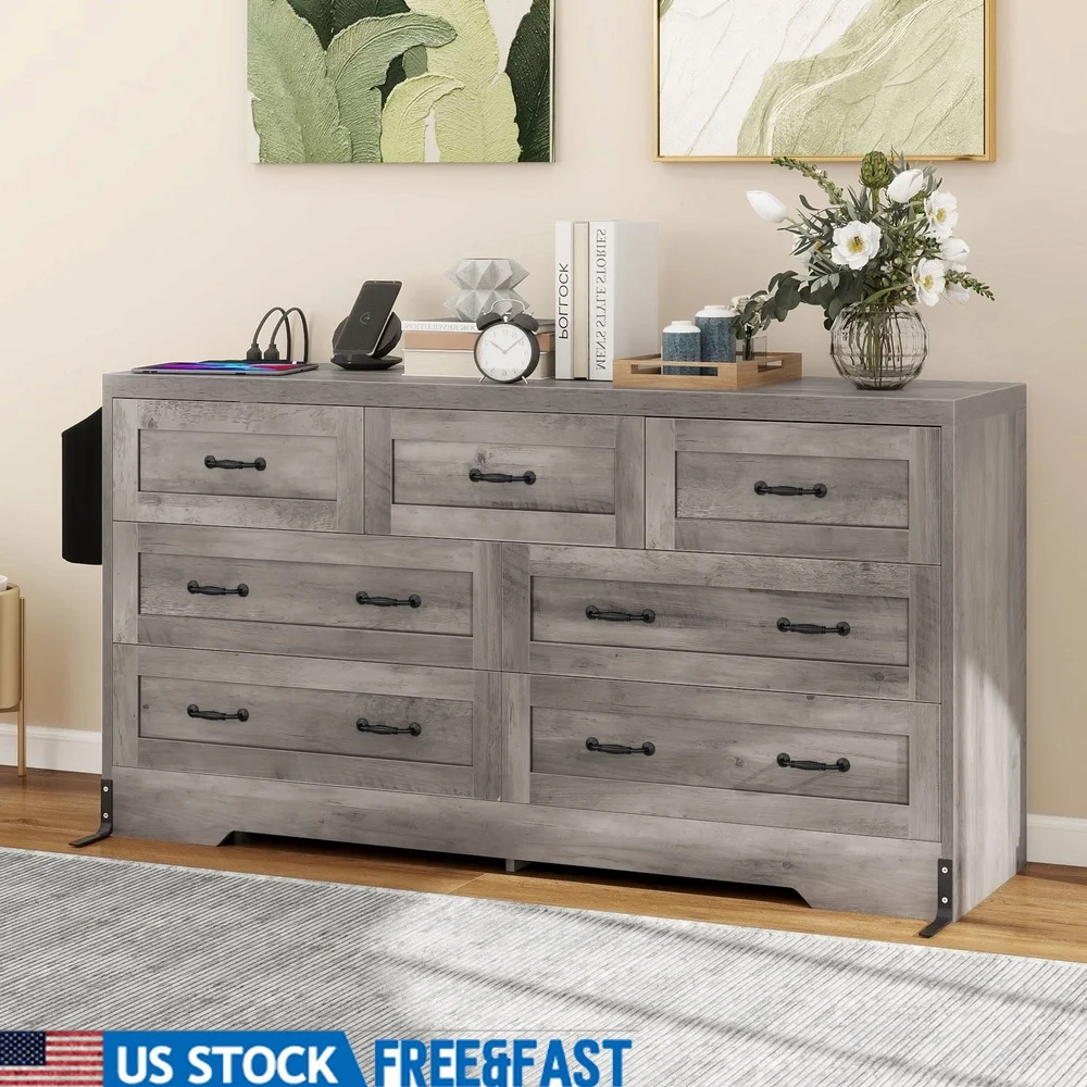 7 Drawer Wood Dresser Cabinet with USB Ports Power Outlets Spacious Storage Anti Tip Safety Features Home Use