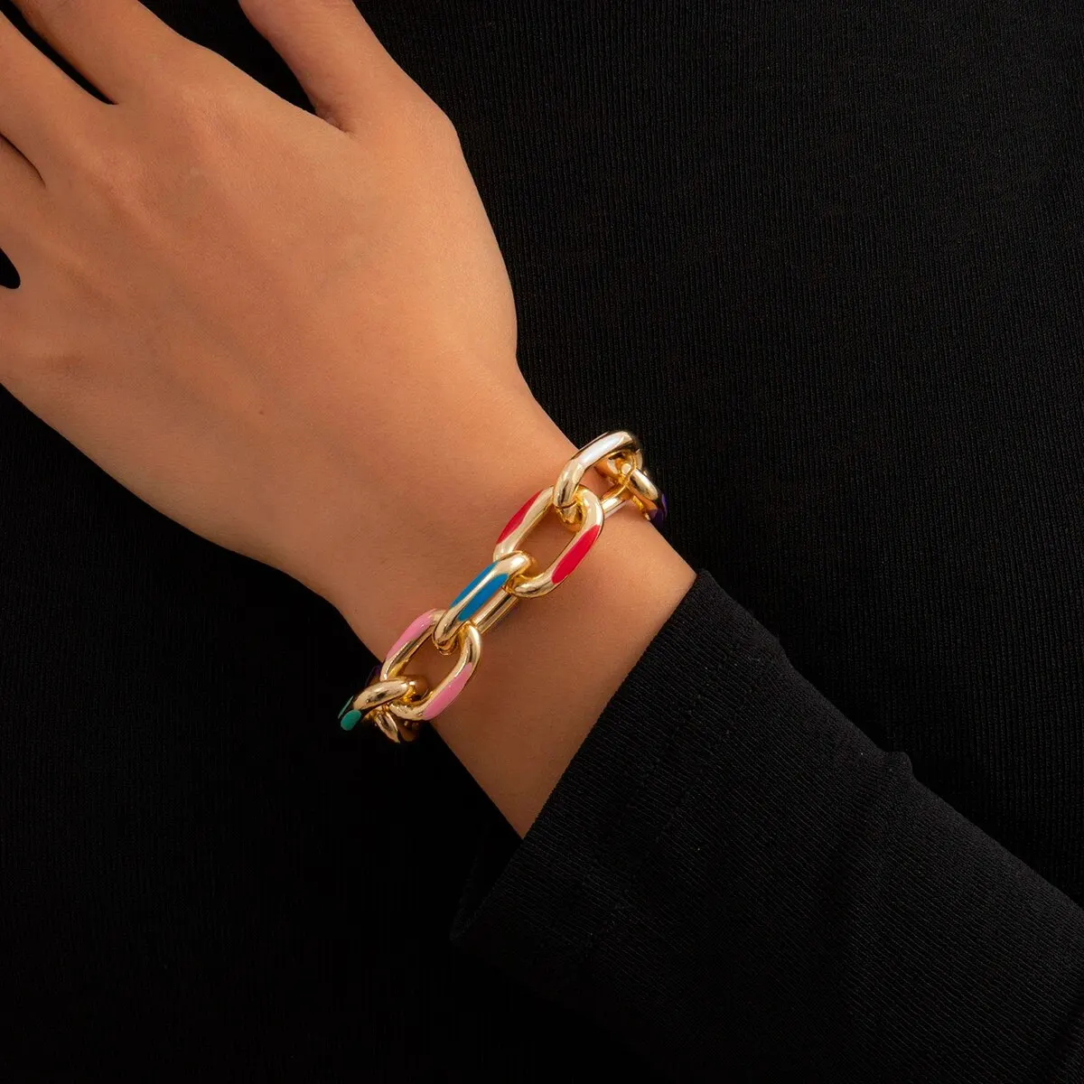 Hip Hop Punk Colorful Oil Drip Chain Bracelet for Women Goth Chunky Thick Lock Charm Bangles Grunge Jewelry Steampunk Men Gift