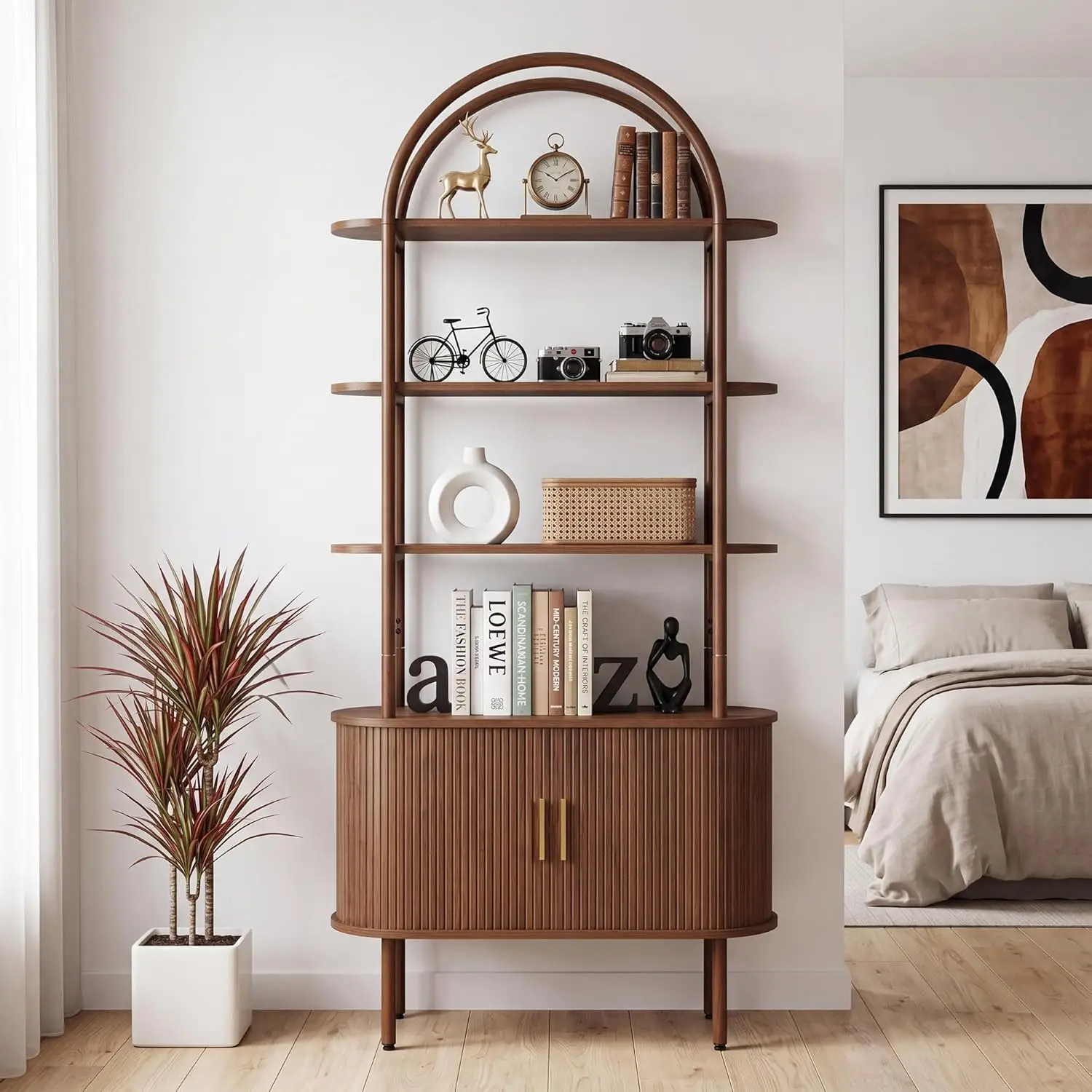 

71" Tall Fluted Arched Bookshelf with Sliding Tambour Doors, Mid Century Modern Metal Curved Bookshelf Cabinet with, Customized