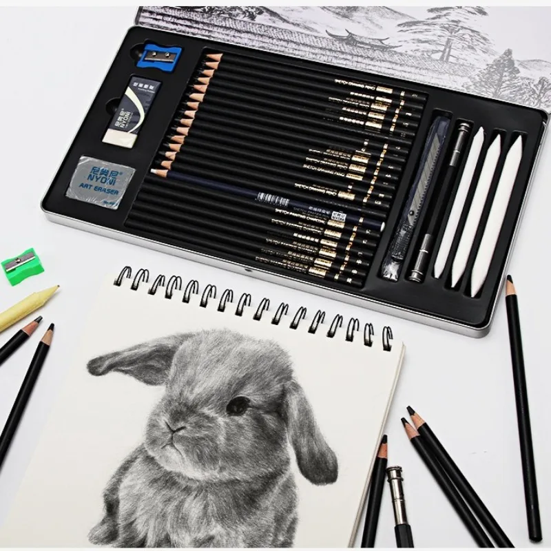 29 Pieces Sketch Pencil Iron Box Set Beginners Outdoor Sketching Creation Brushes School Supplies Portable Art Drawing Tool