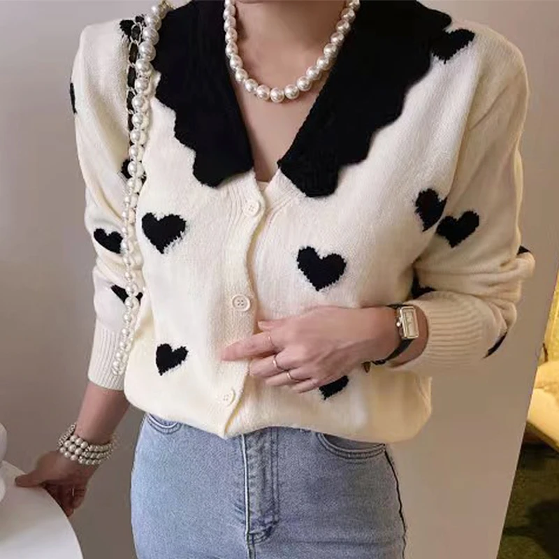 Korean Vintage Knit Sweater Women Cardigans Tops Love Jacquard Long Sleeve Single-breasted Knitwear Elegant Fashion Jumpers 2024