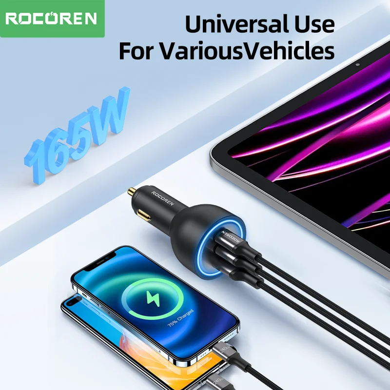 Rocoren 165W Car Charger PD 3.1 140W Quick Charge QC 5.0 USB Type C Car Phone Charger For MacBook Xiaomi iPhone 14 13 Pro Max