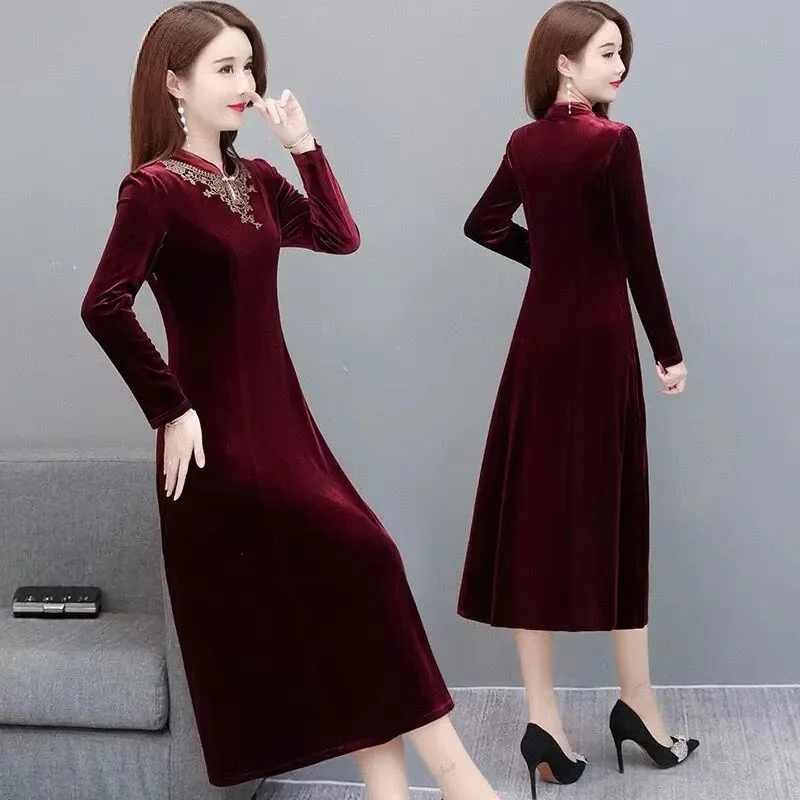 Autumn Winter New Women Velvet Dress Lady Long Sleeve Party Velour Dress Casual A-Line Elegant Vesitos Female Mid Long Dresses