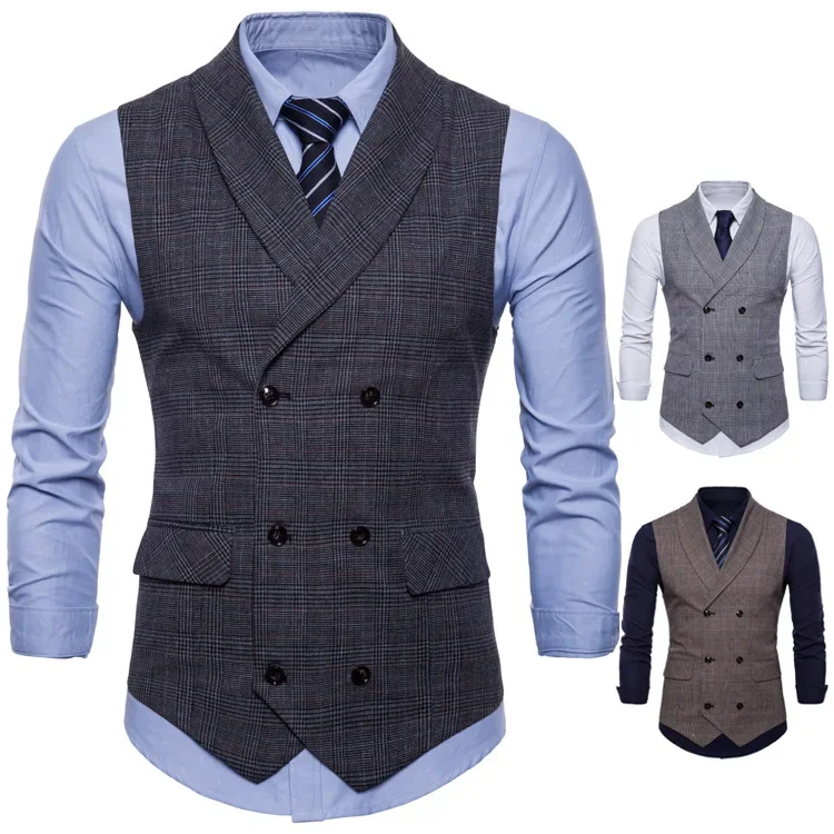 Blazer Men Vests Plaid Suits Coats Double Breasted Turn Down Collar Sleeveless Slim Fit Vest Coat Casual Regular Splice Autumn