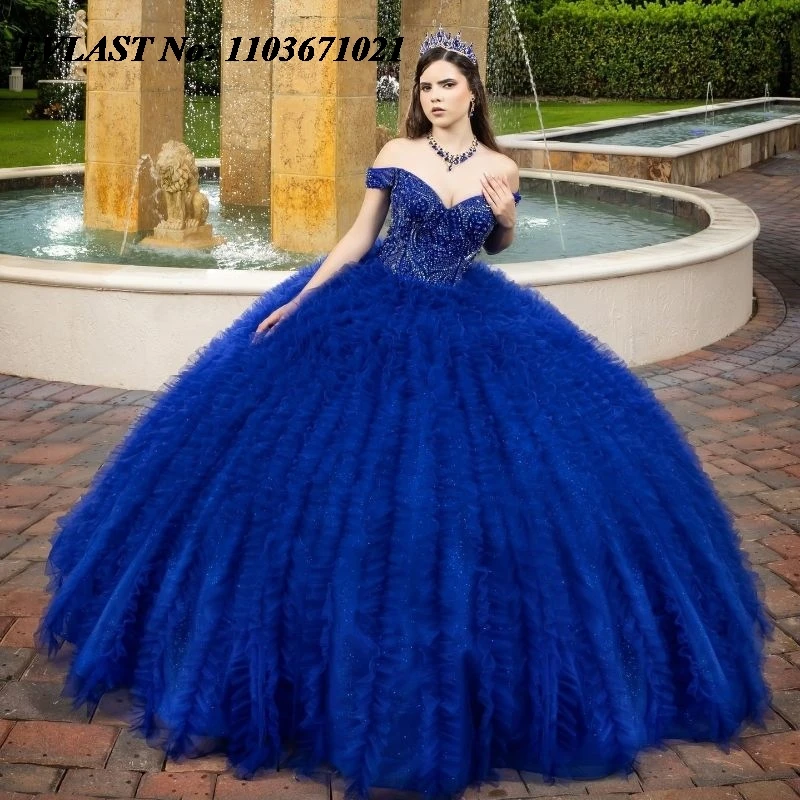 EVLAST Mexican Royal Blue Quinceanera Dress Ball Gown Lace Applique Beading Ruffles corsetto Sweet 16 Vestidos De XV 15 Anos SQ137