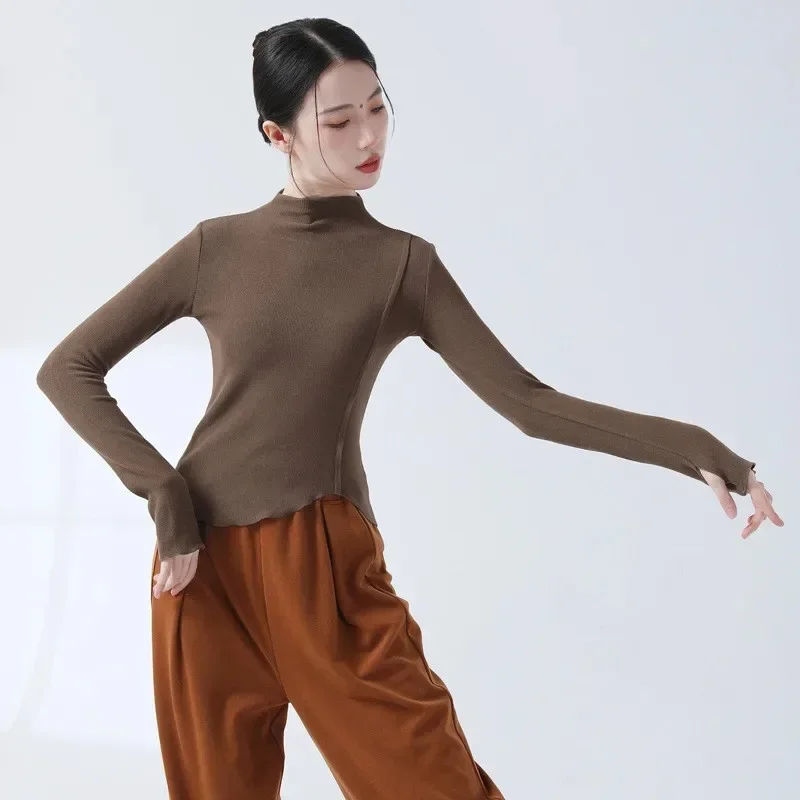 Modern Dance Practice Clothing Knitted High Neck Finger Sleeve Solid Colour Tops Traditional Chinese Clothes Women Stage Costume