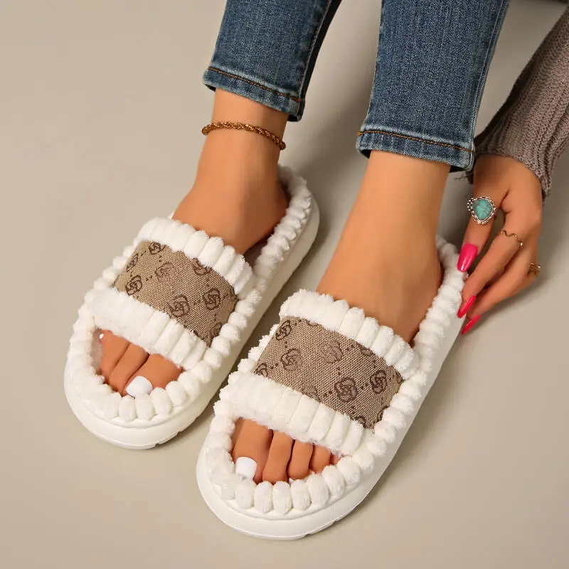 

Brand Embroidery Corduroy Indoor Slippers Women 2025 Winter Soft Thick Bottom Designer Home Slippers Woman's Warm Plush Slides