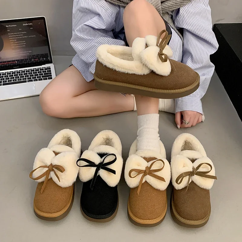 Autumn Winter Brown Short Plush Warm Home Cotton Shoes Women Boots Outdoor Platform Snow Boots Soft Sole Household Slippers