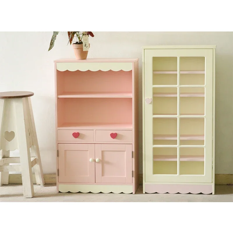 Girl Heart Cream Light Pink Sideboard Wooden Cup and Saucer Storage Cabinet Glass Door Hand-Made Baby