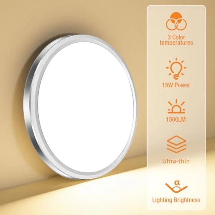 LED Flush Mount Ceiling Light Fixture, 3000K-4000K-6500K and 100W Equivalent Modern Kitchen Recessed Ceiling Lamp 15W 1500Lm 7. view 2