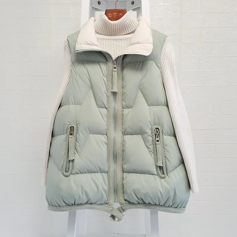 

Autumn Winter Ultra Light White Duck Down Coat Women Short Vest Loose Zipper Sleeveless Puffer Jacket Waistcoat Outwear C50