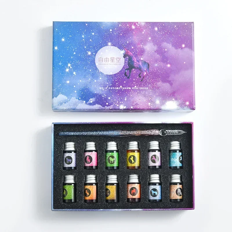 Starry Sky Glass Pen Set 14 Pcs Sets Glass Signing Pen with 12 Colors Ink and Pen Holder Student Use Dipping Pen Gift Glass Pen