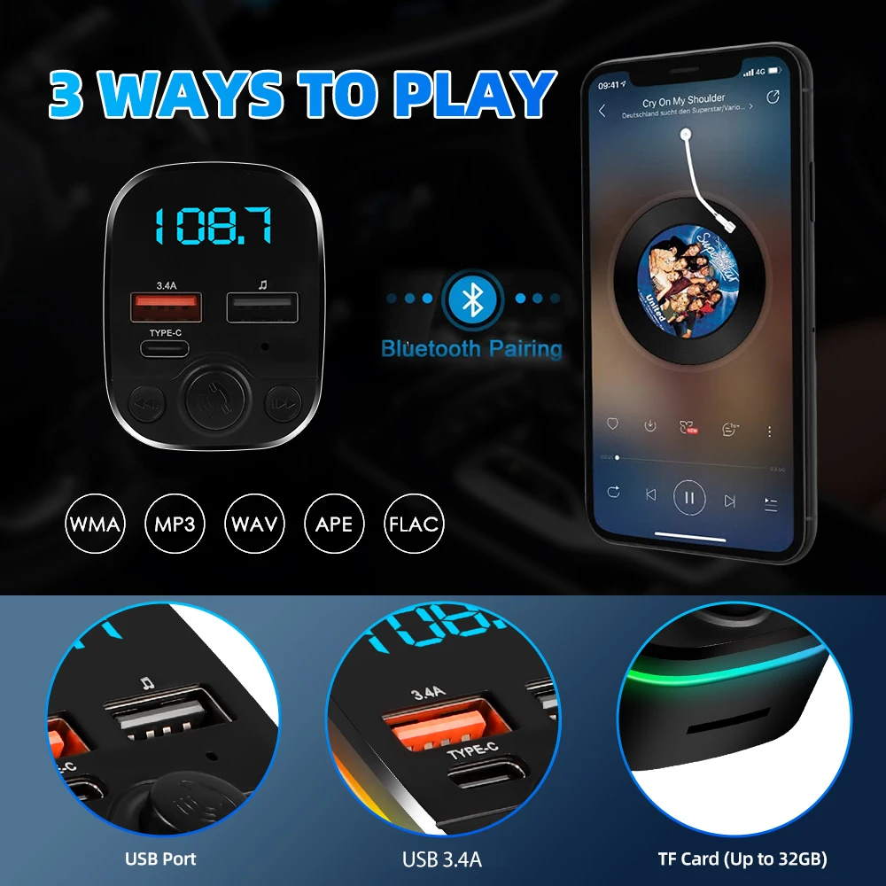 FM Transmitter Bluetooth 3.1A Type-C+Dual USB Port Car Charge Wireless Handsfree Call LED Aux Audio Radio Modulator MP3 Player