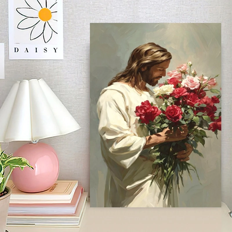 Jesus Christ Holding Roses Portrait Jigsaw Puzzle 500/1000/1200/2000 PCS Wall Decor for Living Room Bedroom Gift No Frame
