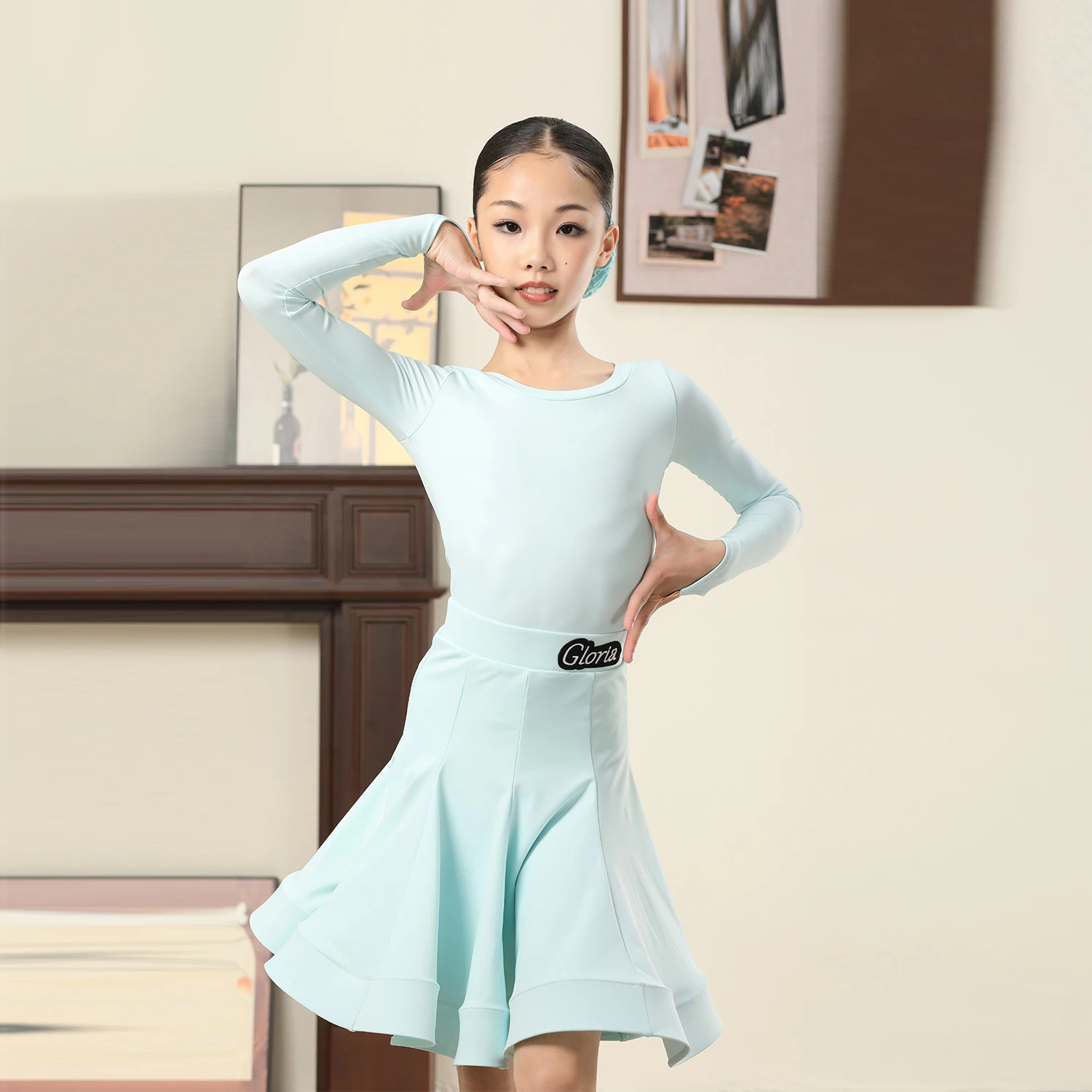 2025년 신상 라운드넥 긴팔 스플릿 피쉬본 스커트 수트 라틴댄스 공연 의상 소녀용 라틴댄스복 XH3194