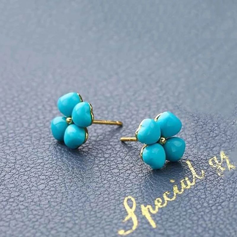 Inspired design new product inlaid turquoise flower love ear studs fresh and sweet noble charm ladies silver jewelry