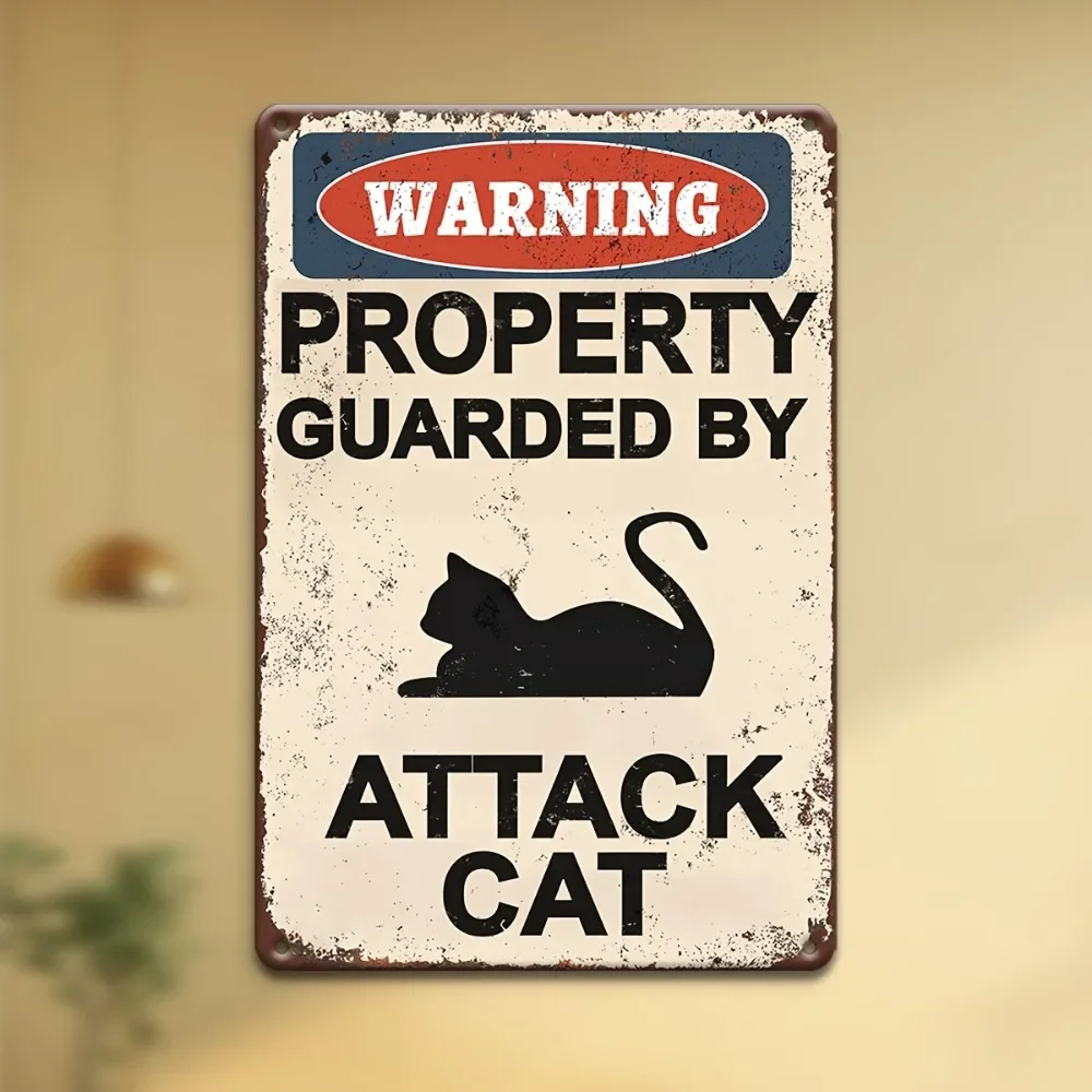 Vintage Metal Tin Sign Funny Attack Cat Warning Silhouette Text Print Wall Decor For Yard Home Entrance Wall Art
