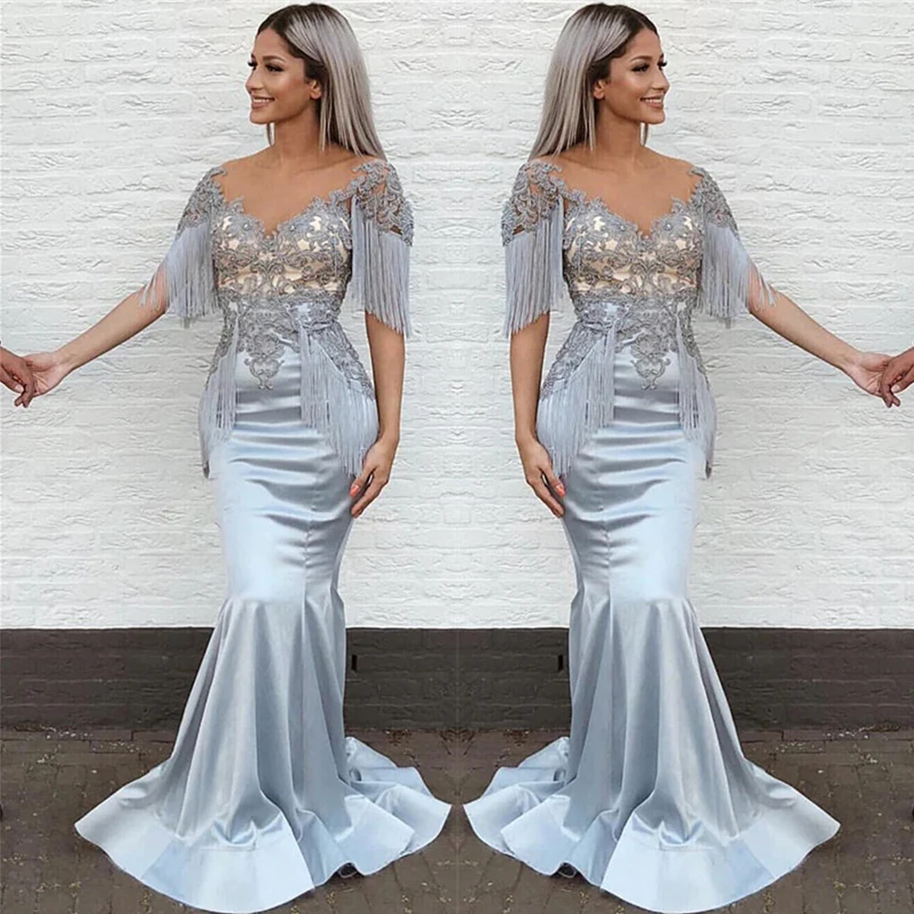 

Women's Grey Blue Mermaid Evening Dresses Lace Applique Sexy V-Neck Formal Party Gowns Tassel Cuffs Robes De Satin Pleats 2023