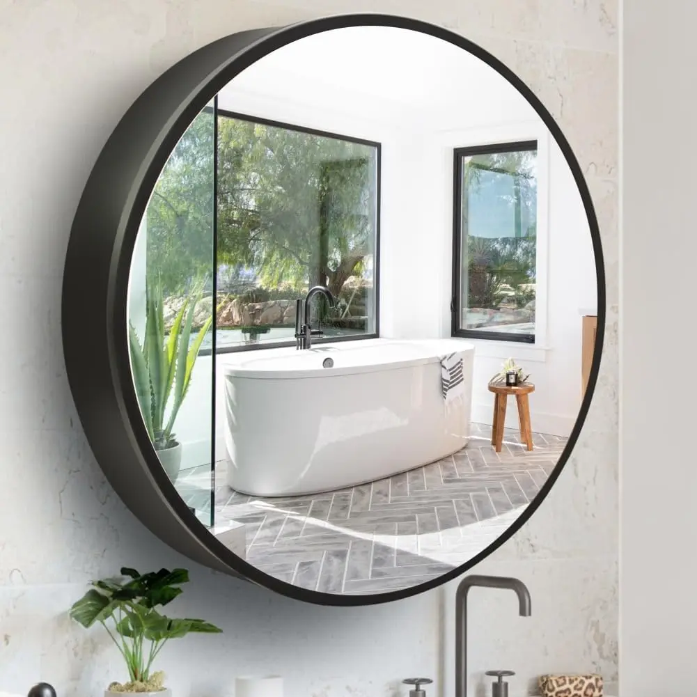 Round 30 Inch x 30 Inch Black Metal Framed Bathroom Mirror Medicine Cabinet Circular Storage Cabinet Surface Mounted